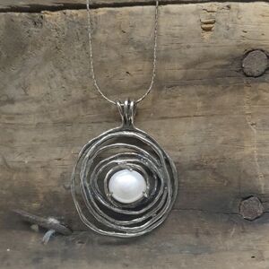 Vintage Oxidized Sterling Silver Isreal Pearl Necklace